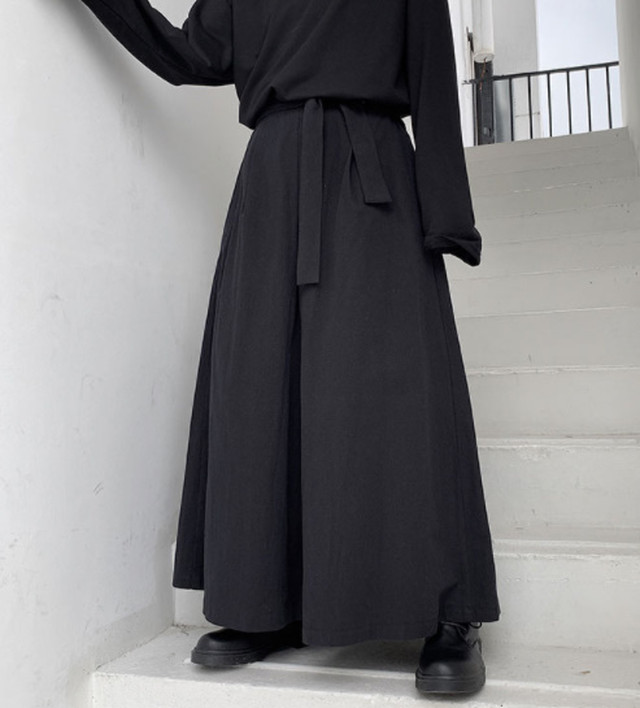 Top Mode フルレングス ワイドパンツ 袴パンツ メンズ ユニセックス 黒 ブラック モード系 スカート スカンツ ガウチョ ゴシック 韓国 原宿系 ドレープ はかま 袴 和風 ロングスカート 個性的 変形 ベルト シンプル サルエル Bitter ヴィジュアル系 ライブ 舞台 ゴシック