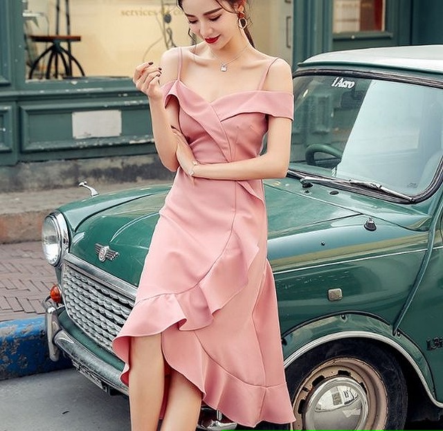 パーティードレス 10代 代 30代40代 ワンピース おしゃれ フォーマル ミモレ丈 ストラップ 無地 フリル 結婚式 二次会 演奏会 きれいめ 大人 ワンカラー Dress No Sato