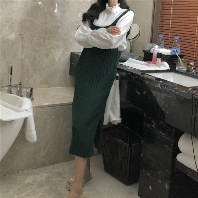 ニットワンピース レディース ワンピース リブニット ロングワンピース ニットワンピ 重ね着 黒 グリーン 全2色 秋 冬 新作 A Otb Closet