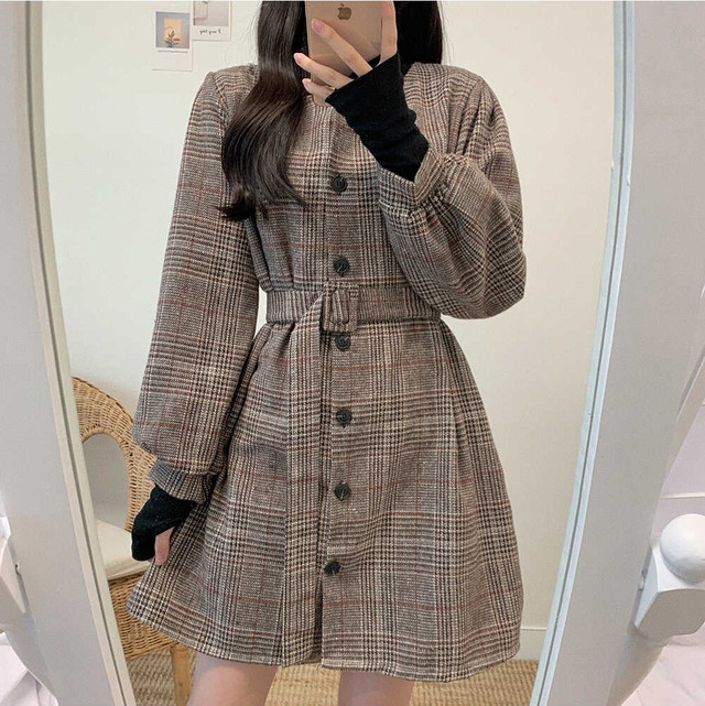 オルチャン 韓国 人気 グレンチェック ウエストマーク ワンピース 暖かい ベルト パフスリーブ ミニスカート スカート 厚手 ブラック ブラウン モカ レトロ A0 Korean Favorites
