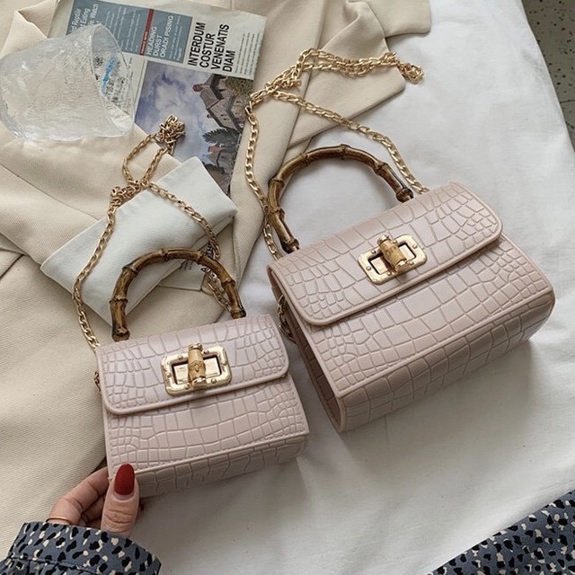 【Small】全11色クロコ調ウッドハンドル2wayバッグ