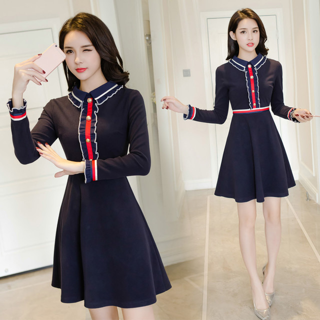 全2色 ミニワンピース ドレス ネックリボン トリコロールカラー ブラック ネイビー ハイウエスト 秋 冬 大人かわいい 韓国 オルチャン レトロ Like Fashion