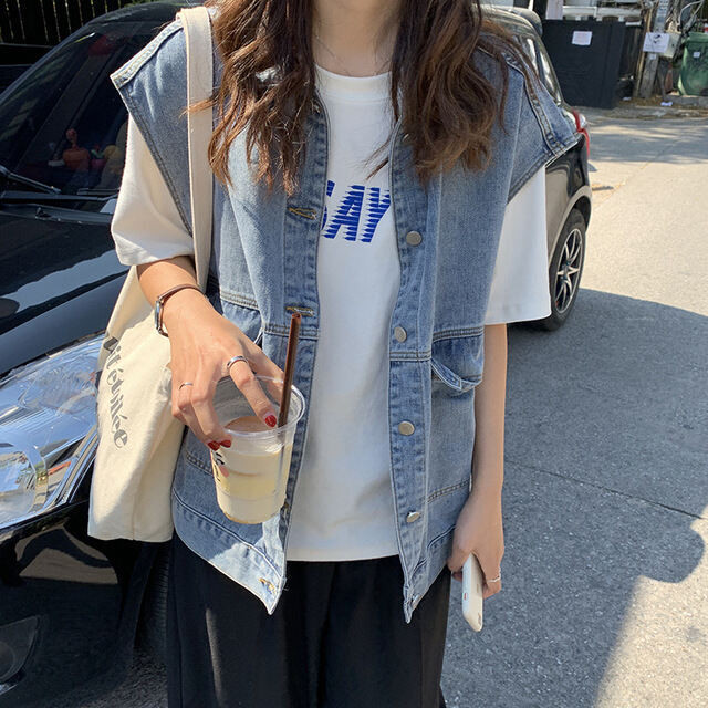 ベスト レディース トップス ジャケット 羽織り ノースリーブ デニム 無地 ポケット シンプル おしゃれ 大人可愛い カジュアル お出かけ アウトドア リゾート デート 旅行 春 夏 Evergreen