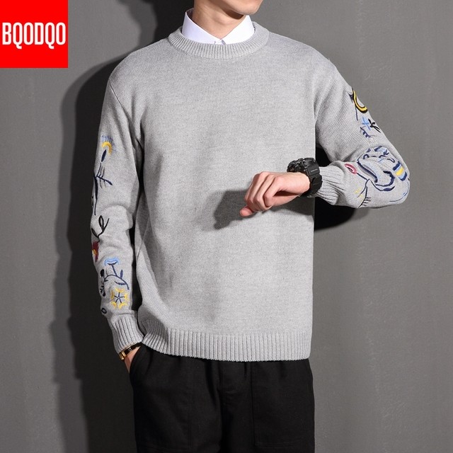 Ese Oネックセーター刺繍秋冬青ニットジャンパーセーター男性陸軍ストリートメンズプルオーバー ブルー オータム 秋物 ウィンター 冬物 Bqodqo Official Stor Efect