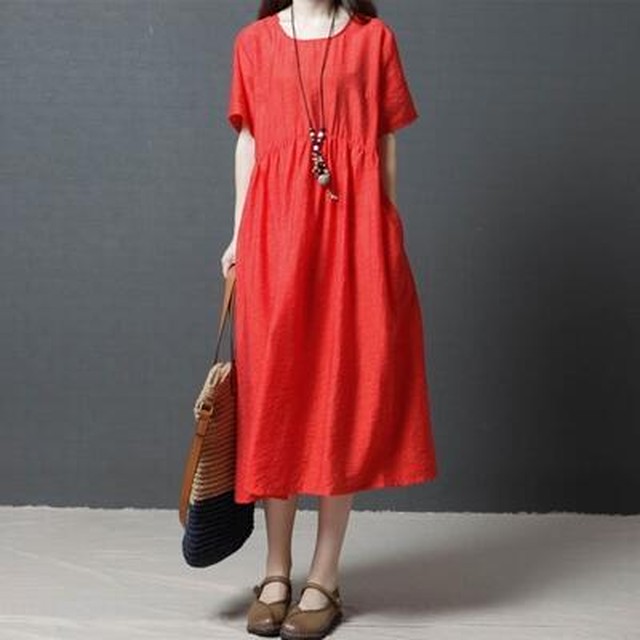 全3色 ワンピース 袖あり ロング丈 ミモレ丈 カジュアル ナチュラル 春 春夏 シンプル 半袖 おしゃれ レディース 可愛い ワンピ ドレス ゆったり 体型カバー お尻カバー 大きいサイズ ブラック 黒 レッド 赤 グリーン 緑 代 30代 40代 50代 Like