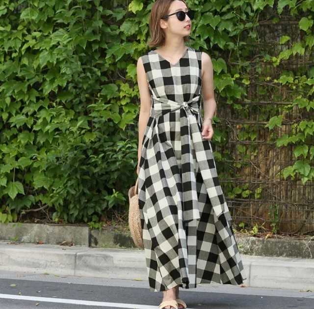 Coca ビッグリボンギンガムチェックフレアワンピース M Scollection