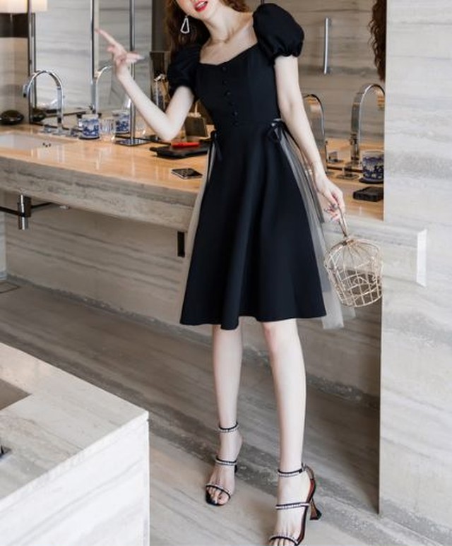 パーティードレス ワンピース レディース 40代 きれいめ 30代 代 50代 黒 ミモレ丈 膝丈 膝下丈 Aライン 半袖 無地 バイカラー 二次会 春夏 フォーマル 上品 おしゃれ きれいめ Dress Plaatje