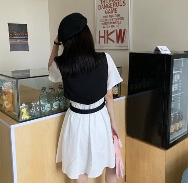 セットアップ ワンピース シャツワンピ ベスト 膝丈 半袖 モノトーン フレアー 2点セット 代 30代 春 夏 Tk313 Sunny Place