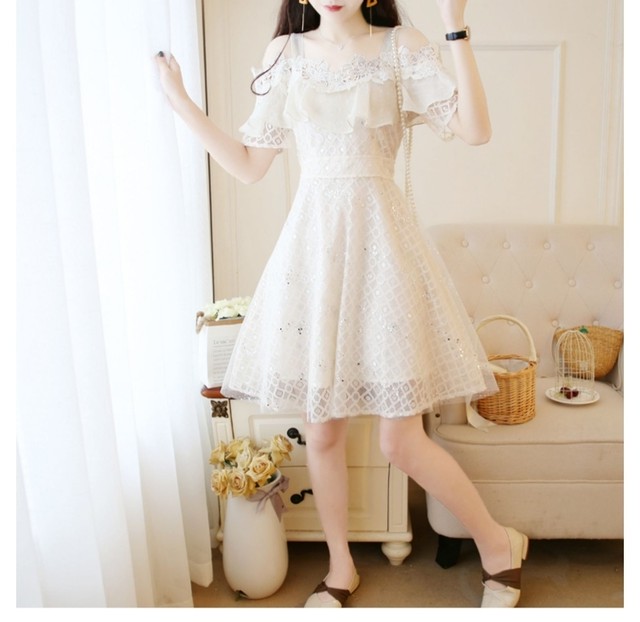 オフショルレースワンピース 青 白 ピンク Cubicbunny