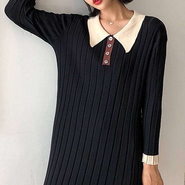 レトロ ストレートライン ワンピース リブニット 襟付き 長袖 膝丈 秋服 通勤 レディース I0008 Aeka Clothet For Worker