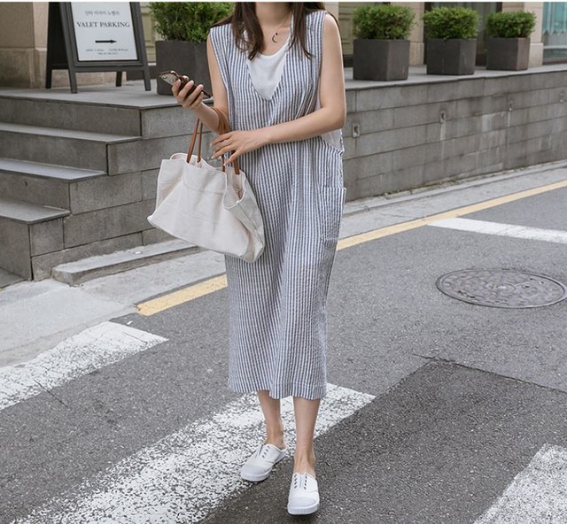 コットンとリネン ストライプのvネック ノースリーブ サイドスリット ワンピース 505 Leaflower 001 リーフラワー レディースファッション専門店