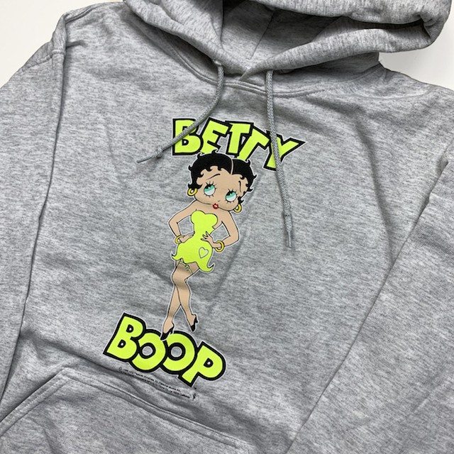 Betty Boop プリントパーカー ネオンイエロー 蛍光 Neon グレー Grey ベティ アメカジ サーフ 西海岸 ストリート M L Xl Velotta
