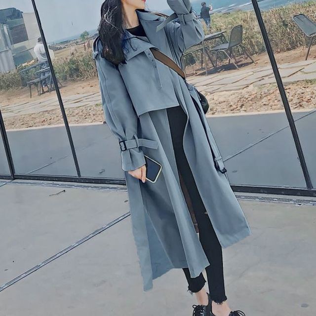 予約販売 コート レディース トレンチコート ロング丈 ボリューム袖 くすみカラー スプリングコート 春コート アウター S M L Xl ブルー ベージュ Favoriteselect