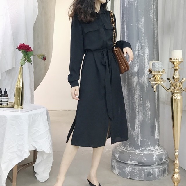 シャツワンピース リボンベルト ミモレ丈 長袖 Aライン 春服 秋服 通勤 レディース I0105 Aeka Clothet For Worker