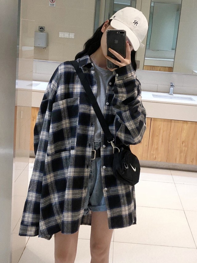 オーバーサイズ チェック柄シャツ トップス フェミニン トップス ナチュラル レトロ 大人可愛い フェミニン トレンド 春夏 韓国ファッション Thicc