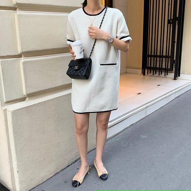 送料無料 2色 秋ツイード ワンピース レディース 半袖ワンピース 半袖 膝上ワンピース ひざ上 ミニワンピース ミニ丈 Iラインワンピース ラウンドネック 丸首 パイピングカラー 配色 バイカラー バイカラーワンピ モノトーン 大人 上品 きれいめ お呼ばれ デート 女子会