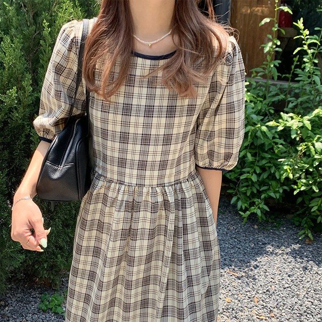 チェック柄 ワンピース ロング丈 韓国 ファッション レディース オルチャン 春 夏 半袖 大人可愛い デート Cocotown