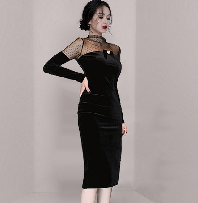 ワンピースドレス パーティドレス ひざ丈 ベロア シースルー ドット柄 タイト リボン スリット 長袖 きれいめ エレガント お呼ばれ 結婚式 二次会 成人式 同窓会 フォーマル 韓国 オルチャン ファッション Dresscoco