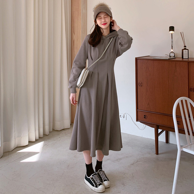 ワンピース ロング パーカーワンピース フード付 長袖 ウエスト ピンタック フレア レディース ワンピ ワンマイルウェア ホームウェア パーカー フード ウェストシェイプ 春 Officewalaa オフィスワラア レディースファッション スタイル