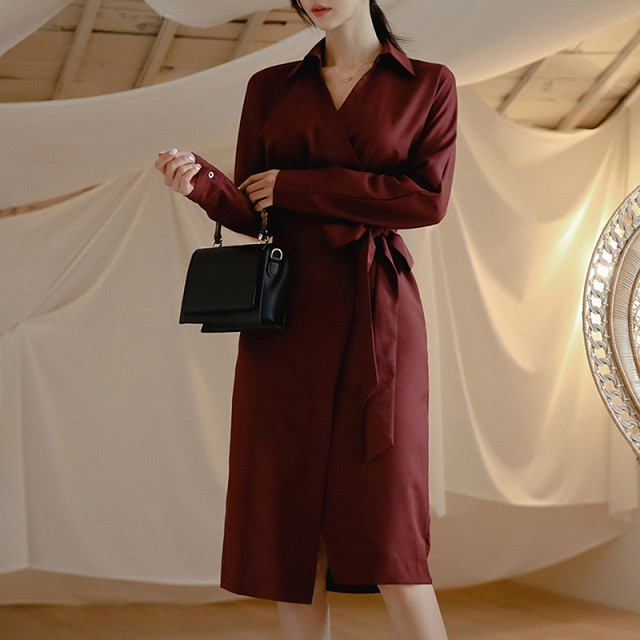 カシュクール タイトシルエット ワンピース ワインレッド ネイビー 膝丈 Ol 通勤コーデ Garage Diva 106