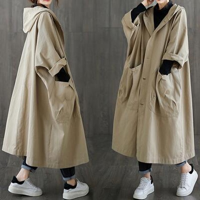 全2色 アウター 春 レディース 40代 ロング 春 コート スプリングコート 春秋 秋冬 おしゃれ 長袖 フード付き ビッグシルエット オーバーサイズ カジュアル Aライン 大きいサイズ ゆったり 体型カバー フリーサイズ シンプル カーキ ブラック 黒 代 30代 50代 Like
