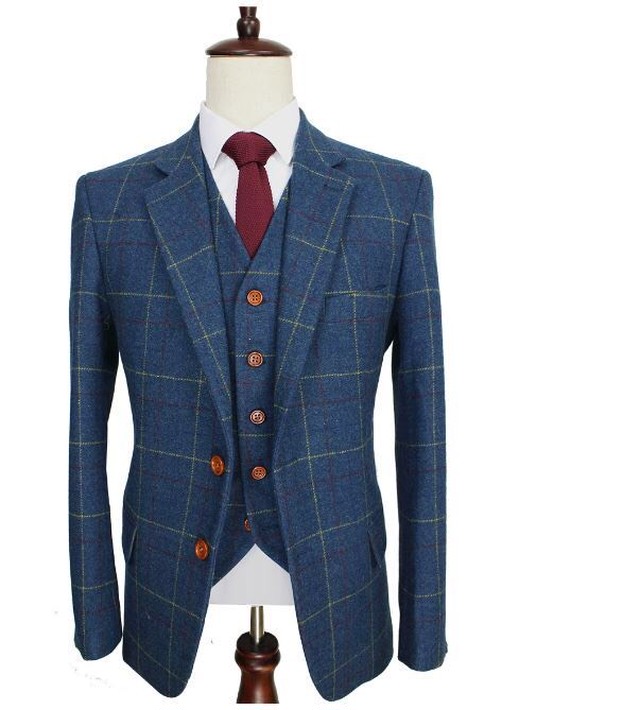 エリートスーツ ネイビーブロックチェックスリーピーススーツ Global Select Suits Store