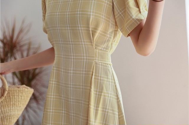 チェック柄ワンピース 半袖 ひざ丈 ウエストリボン 春夏 上品 キレイ 通勤 オフィス 旅行 デート シンプル お出かけ 大人可愛い 韓国 韓国ファッション オルチャン Fa060 Musubi Me 韓国 オルチャン レディースファッションのお店