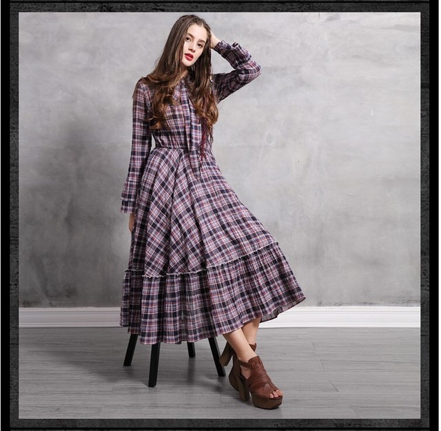 Aライン タータンチェック ふんわり 高級感 フレア 秋ワンピース マキシ丈 ロングワンピ 女性らしい きれいめ 綿 Rb K09 0037 Redbell