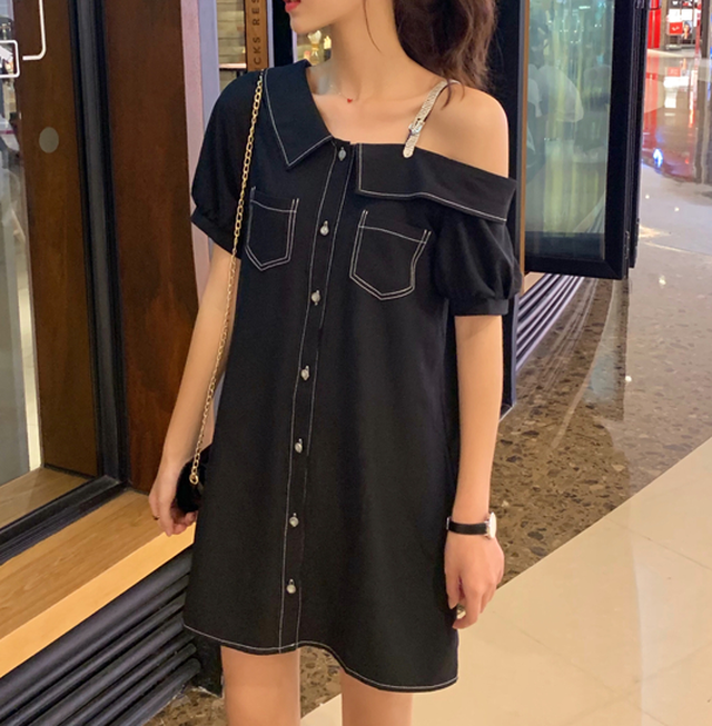 フレンチレトロ ガーリーワンピ ワンショルダー ワンピース ワンショル ワンピース シャツワンピース 春ワンピース 春新作ワンピース 夏ワンピース カジュアル ガーリー デイリー 韓国 オルチャン 韓国ファッション 新作 春夏 春 夏 Om 337 Musubi Me 韓国 オルチャン