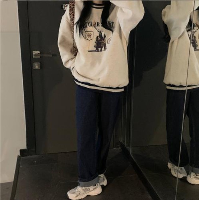 Yuzki 韓国ファッション シンプル カジュアル トップス トレーナー ストリート ストリート女子 レディースファッション 長袖 冬服 プチプラコーデ Yuzki