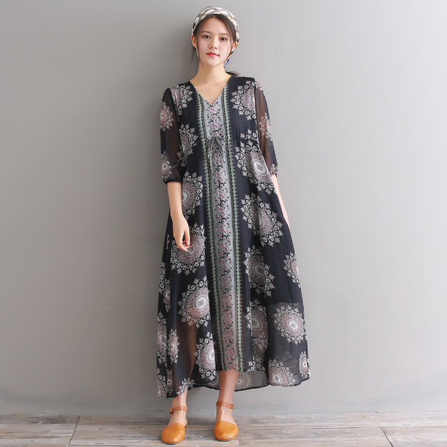 エスニック柄シフォンマキシマタニティワンピース 七分袖 マタニティーワンピース専門店 Ninpuku
