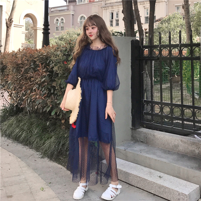 031 ドットメッシュ オフショルワンピ 2色 シースルー シフォンワンピ ロングワンピ 長袖 カジュアルドレス パーティー お呼ばれ レトロ ガーリー More Lluze モア ルーゼ