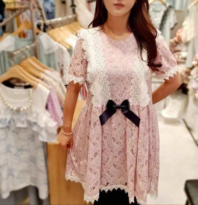 2カラー ワンピース フリル リボン ガーリー 可愛い エレガント ブラウス 半袖 ピンク 水色 リボン Loveysmileshop