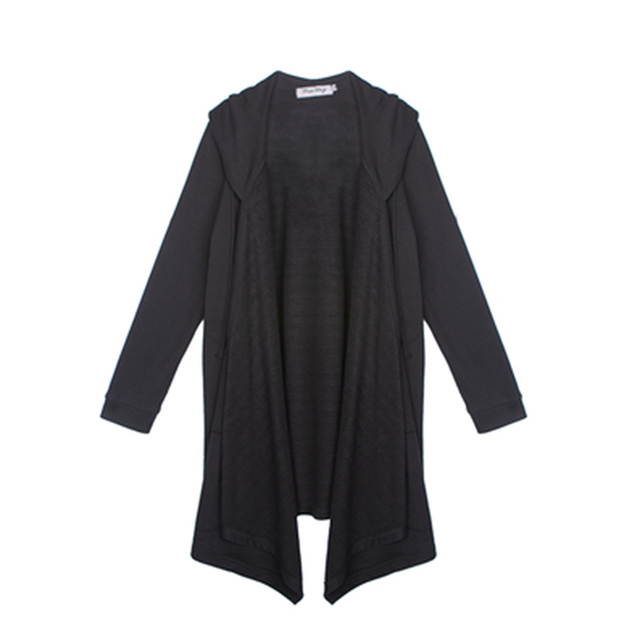 フード付き レイヤード ロングカーディガン メンズ ユニセックス 黒 ブラック モード系 羽織 ガウン コーディガン パーカー ドロップショルダー フード ショールカラー ロング丈 イレギュラーヘム 変形 ゴシック 韓国 原宿系 シンプル 無地 オーバーサイズ お支払い後