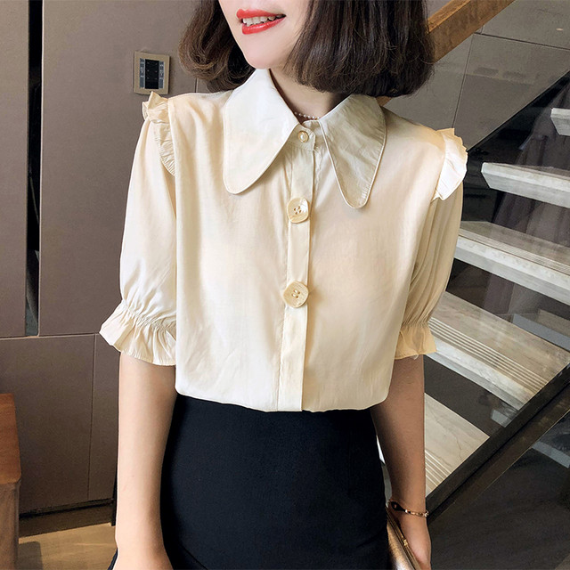 シフォン 半袖 ブラウス キャンディスリーブ ビッグカラー ビジューボタン フリル 無地 ガーリー かわいい 甘トップス 大人かわいい 通勤 オフィス デート お呼ばれ ペールトーン ペールグリーン ペールアプリコット 夏 Uki Uki