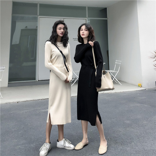 レディース ワンピース 春 夏 秋 冬 長袖 タートルネック ロング丈 ベルト スリッド リブ ニット ワンピース シンプル 大人可愛い カジュアル おしゃれ 大人可愛い お出かけ デート 通学 キャンパス 通勤 オフィス 学生 旅行 女子会 普段着 トレンド 韓国 ホワイト