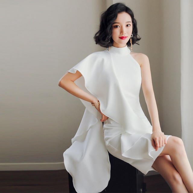 パーティー ドレス タイト ワンショルダー アシンメトリー ラッフルフリル 肩出し ノースリーブ エレガント キレイめ おしゃれ 結婚式 二次会 セレモニー 小さいサイズ 大きいサイズ Crystalhk