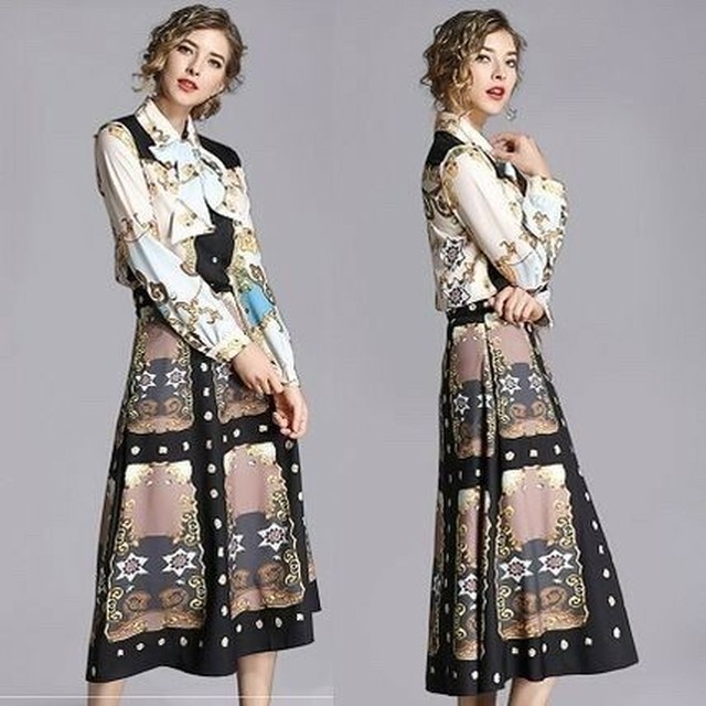 ヴィンテージ風 クラシック スカーフ付き セパレートドレス パーティー ドレス レトロ アンティーク ワンピース ミモレ丈 エレガント Aio Online Store