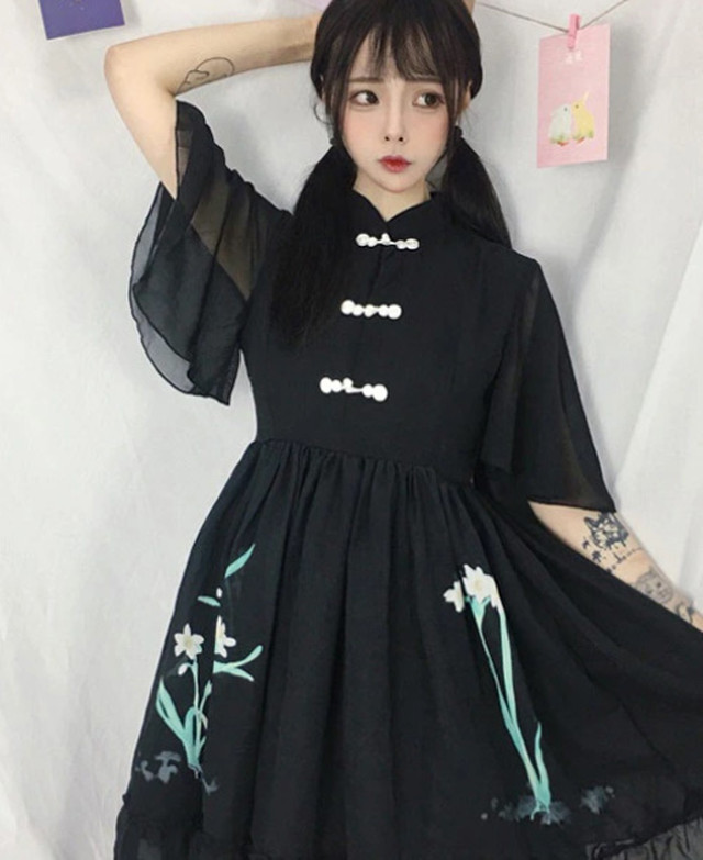Top Mode ワンピース 春ワンピ チャイナシースルーワンピ モノクロ チャイナ服 ロリータ ワンピース 半袖 長袖 漢服 レディース 花柄刺繍 原宿系 病みかわいい 青文字系 ガーリー フレアーワンピ レトロ ラフ ゆったり お呼ばれ ホワイト 白 ブラック 黒 ニッチ Bitter