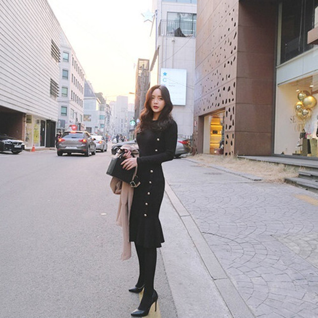 コピー 韓国 ワンピース ニットワンピース 黒 フレア リブニット フレアスカート Nshop1623