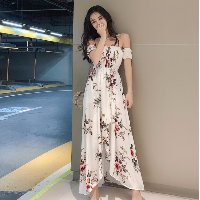 ワンピース マキシ丈 ロング丈 オフショル ホワイト ピンクベージュ セクシー バックコンシャス 夏 花柄 ウエストマーク リゾート ビーチ 大人 可愛い ガーリー 爽やか フェミニン デート 旅行 海 おしゃれ Preirie East プレイリー イースト
