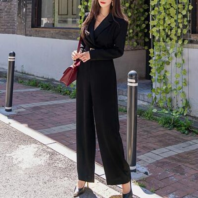 オールインワン レディース サロペット パンツ 秋冬 おしゃれ ジャンプスーツ Vネック 襟付き 長袖 ウエストベルト バックル ワイドパンツ ロング丈 ゆったり 大きいサイズ オフィス 通勤 エレガント お呼ばれ フォーマル Xl ブラック 黒 代 30代 40代 Like Fashion