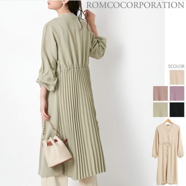 新品商品 春物ワンピース レーヨンライクフロントボタンbackプリーツvネックロングワンピース Bear3