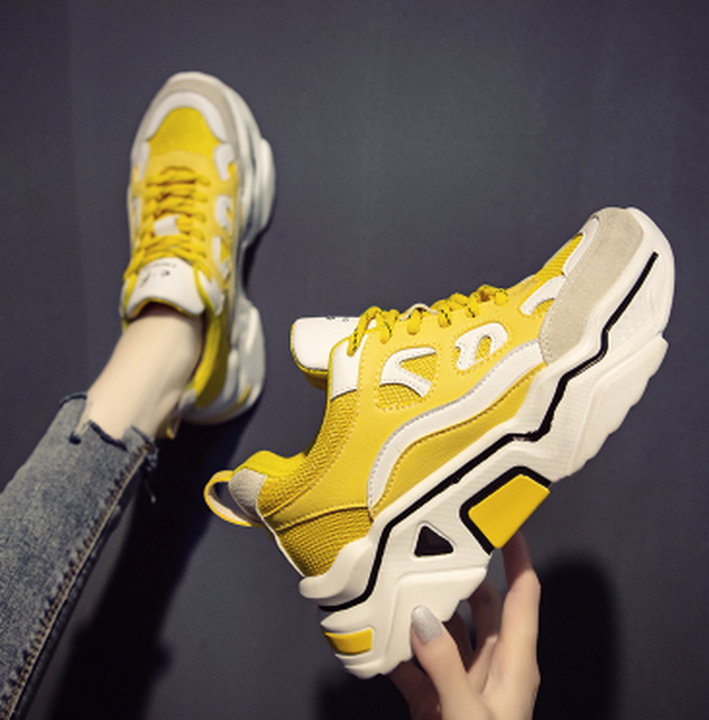 直輸入 新作 レディース 厚底 レースアップ カジュアル スニーカー イエロー ホワイト 海外インポート Shoes Chou シューズシュー