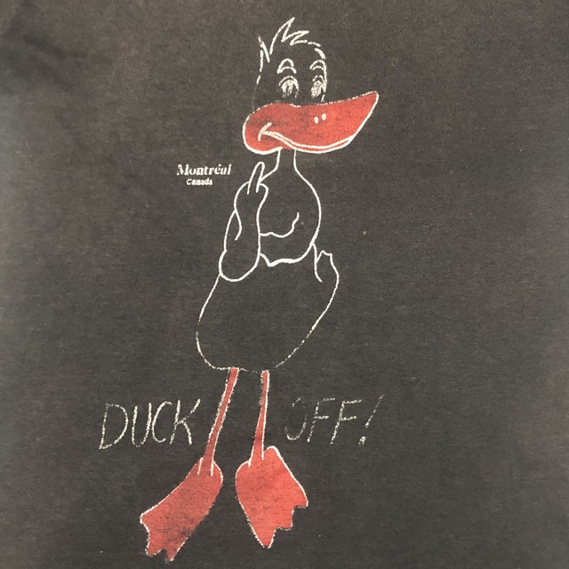 80 S Duck Off ビンテージ ドナルドダック Tシャツ 大判プリント ディズニーミッキー 黒 M程度 ヴィンテージ古着 アンティーク商品取扱い Black Smith ブラックスミス ミッドセンチュリー 昭和アンティーク