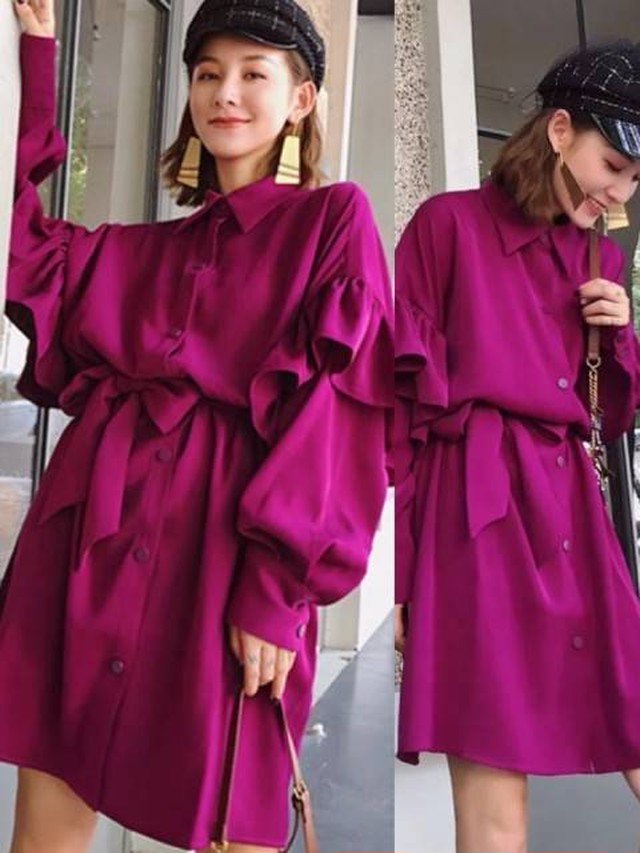 ワンピース レディース シャツワンピース ミニワンピース ビビット ピンク 派手 個性的 無地 フリル お出掛け リボン Happy Toon