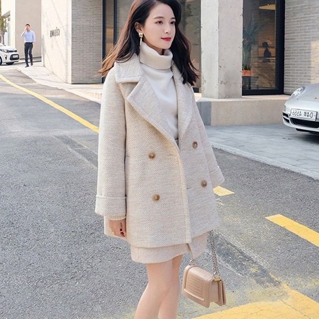 送料無料 アウター スカート セットアップ 2点セット 2set セットアイテム 上下セット アウターセットアップ レディース ツイード コート Pコート ダブル コート ミドル丈 ミディアム 長袖 ボトムス スカート ミニスカート ミニ丈 台形スカート Aライン ラップデザイン