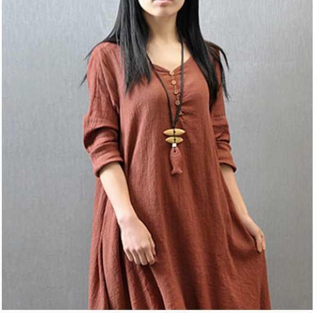 テラコッタ L リネン レディース ワンピース ロング丈 マキシ丈 ワンピ フレアワンピ マキシワンピース リゾートワンピース 長袖 綿 麻 ロング シンプル 春 夏 Occupation