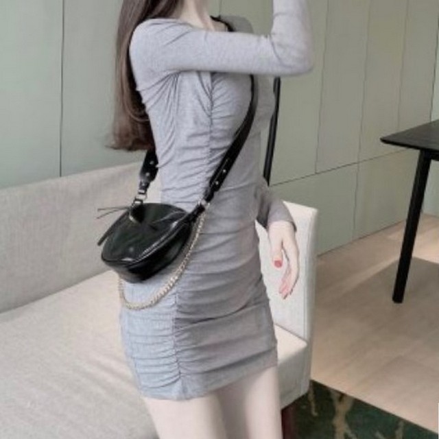 ワンピース ミニワンピース ショート丈 長袖 シャーリング タイトフィット California Express