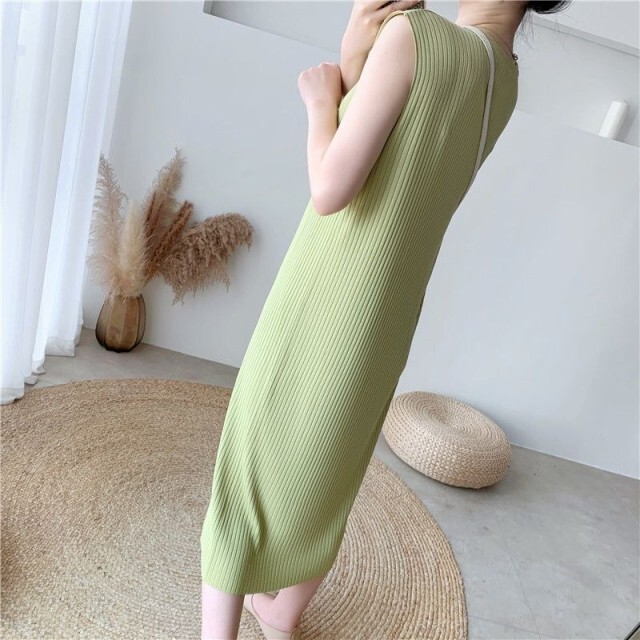 全3色 ワンピース 細見え ストライプ スリム サマー ニット ノースリーブ オシャレ かわいい デート 春 夏 人気 コーデ A845 Happinessshop ハピネスショップ レディース ファッション アイテム トレンド